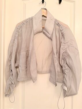 Light Gray Ruched Sleeve Cropped Bomber Jacket